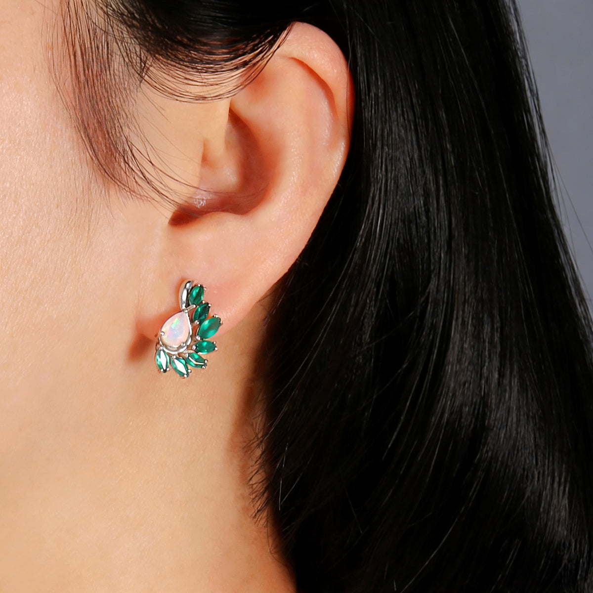 ‘Sloane’ Pear Opal Agate Wing Earrings – on ear