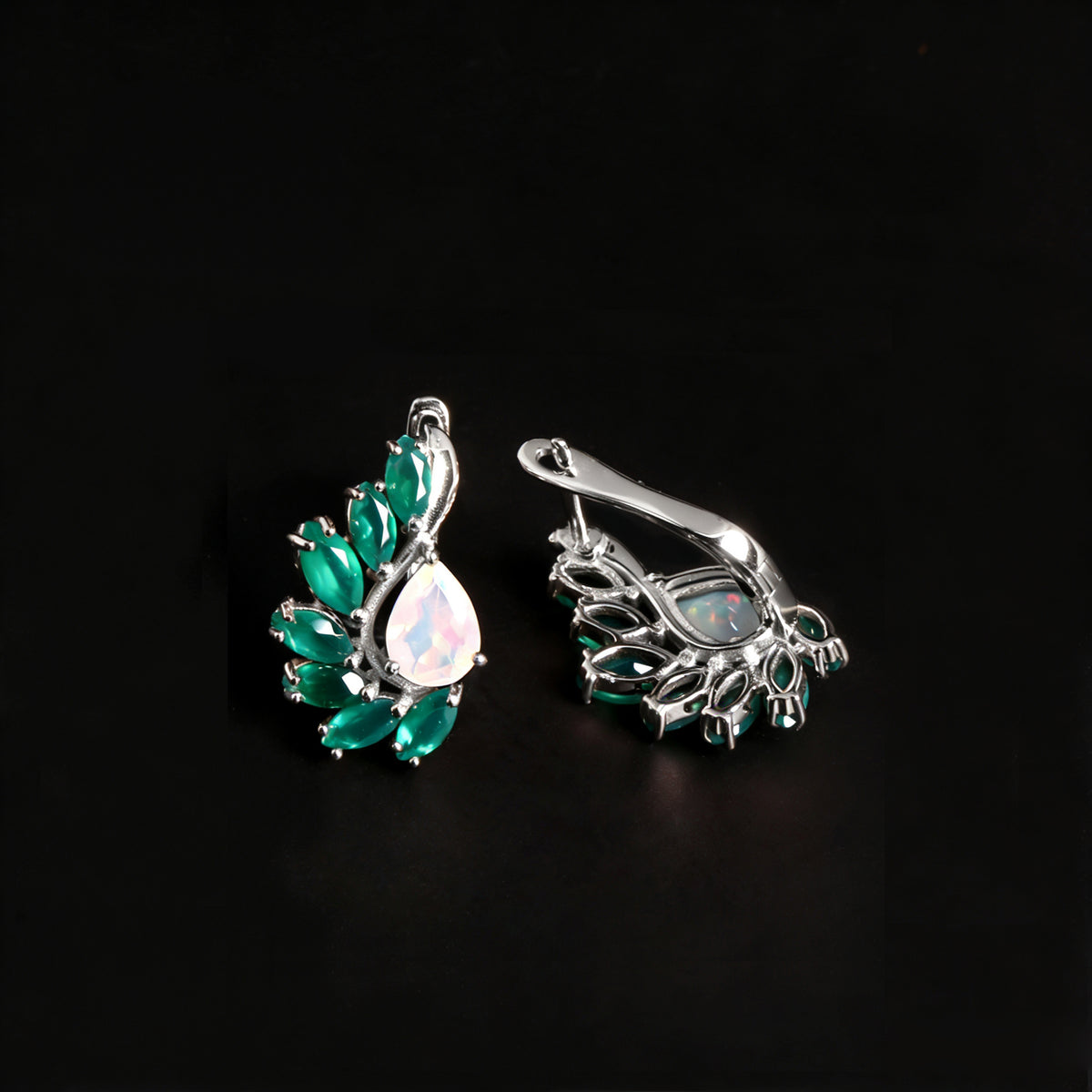 ‘Sloane’ Pear Opal Agate Wing Earrings – front and back