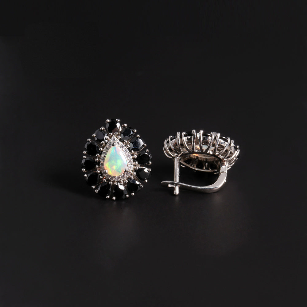 ‘Pepper’ Pear Opal Black Spinel Earrings – front and back