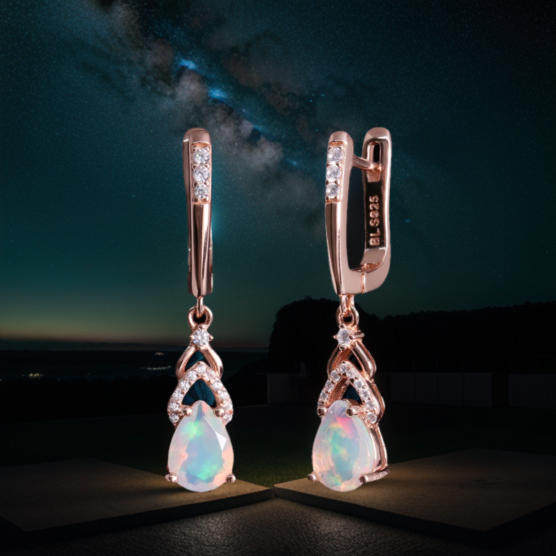 ‘Rose’ Pear Opal Chevron Drop Earrings – night sky scene