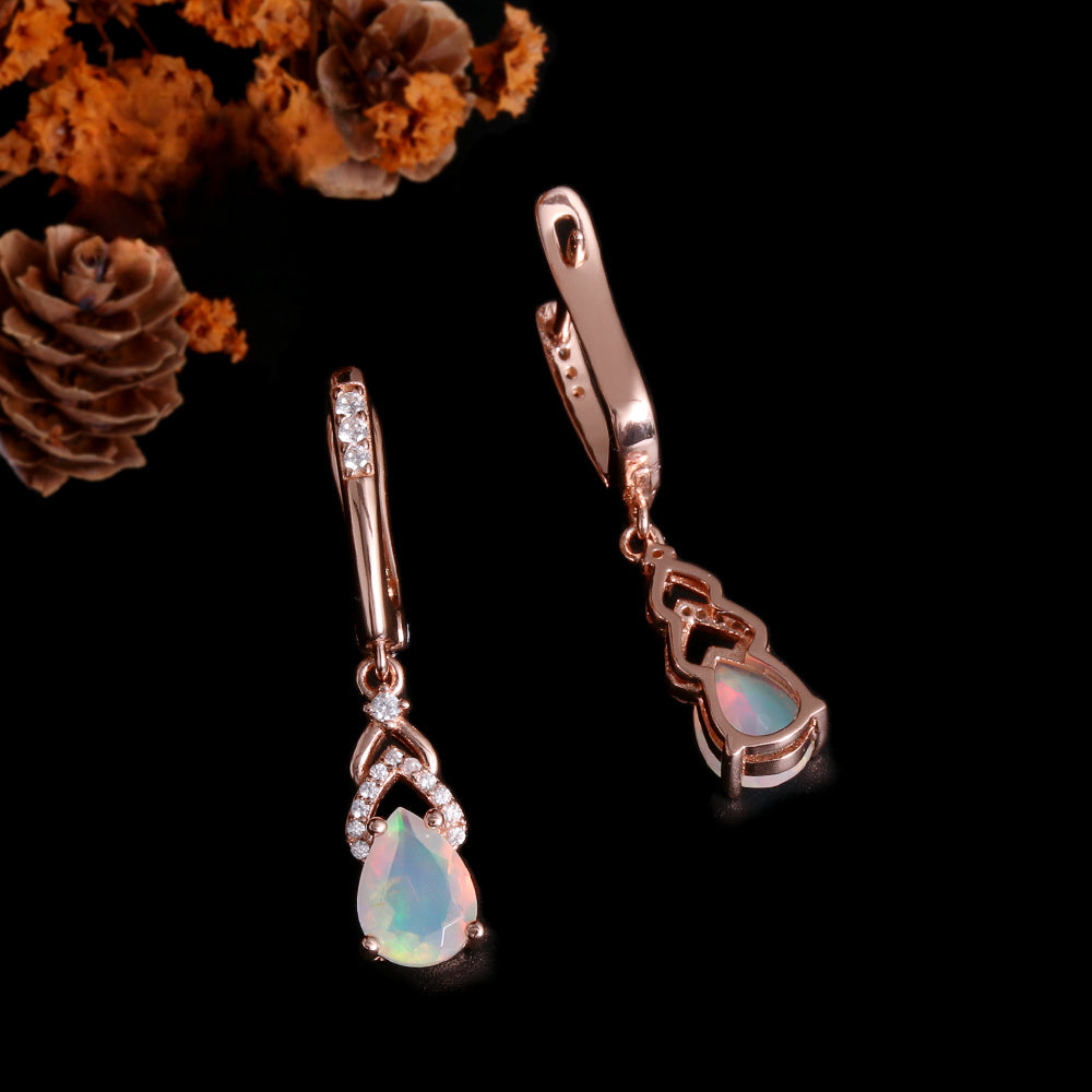 ‘Rose’ Pear Opal Chevron Drop Earrings – front and side