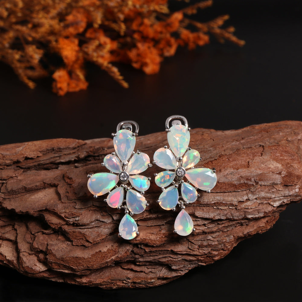 ‘Dulcie’ Pear Opal Flower Drop Earrings – on wood