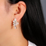 ‘Dulcie’ Pear Opal Flower Drop Earrings – on ear