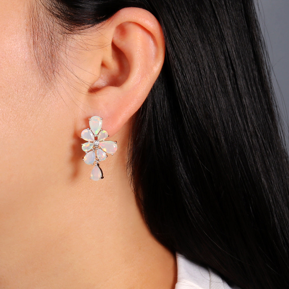 ‘Dulcie’ Pear Opal Flower Drop Earrings – on ear