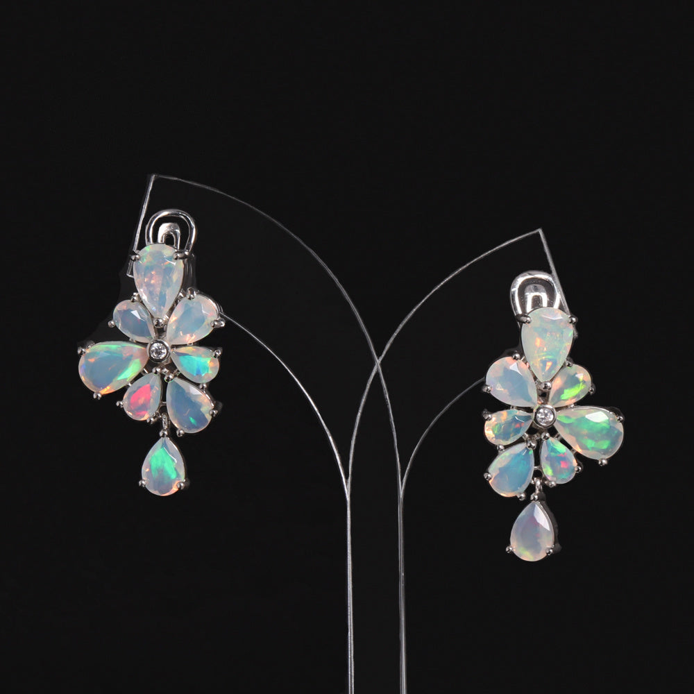 ‘Dulcie’ Pear Opal Flower Drop Earrings – on display stand