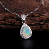 ‘Haven’ Pear Opal Halo Pendant – on wood