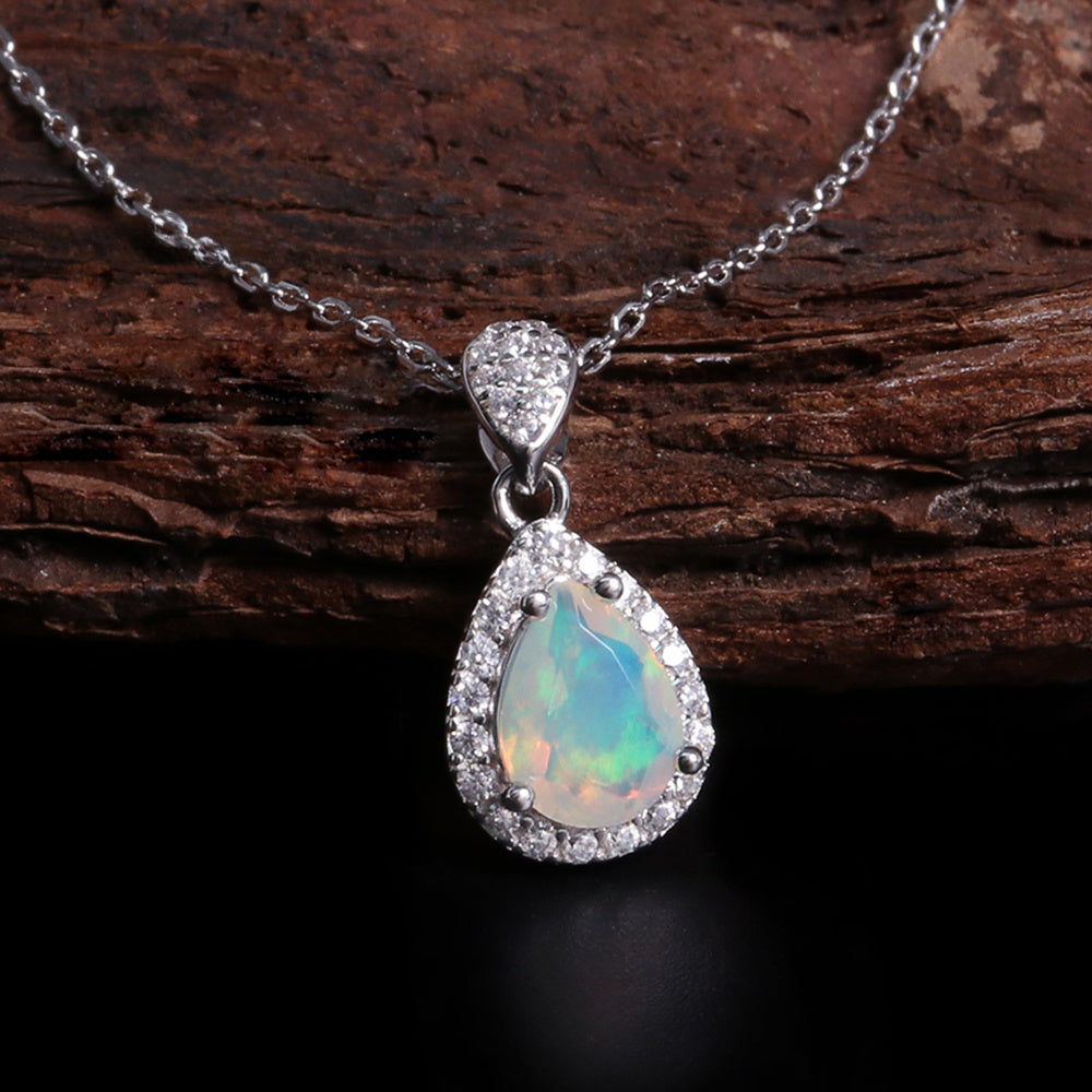 ‘Haven’ Pear Opal Halo Pendant – on wood