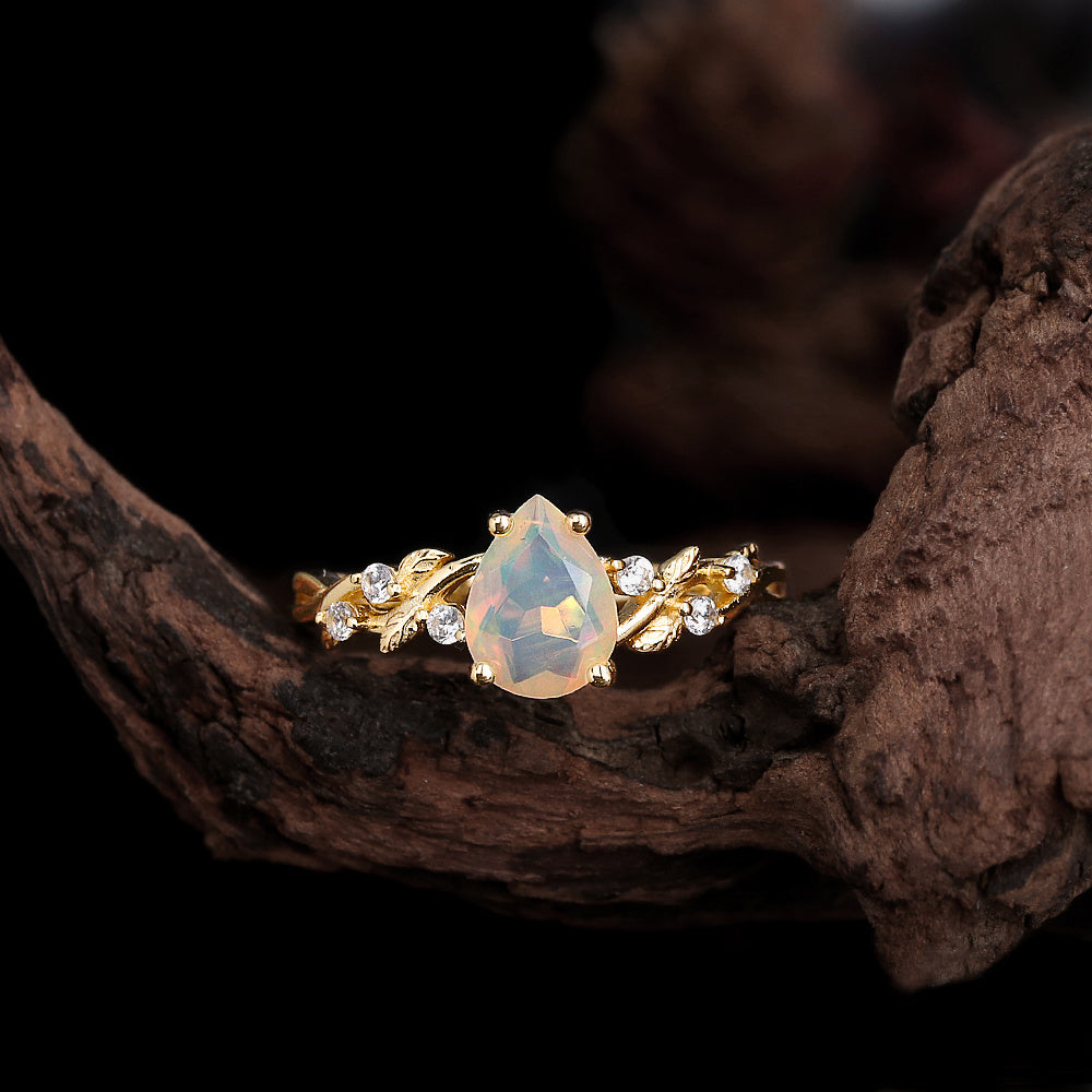 ‘Ivy’ Pear Opal Leaf Vine Ring – on wood