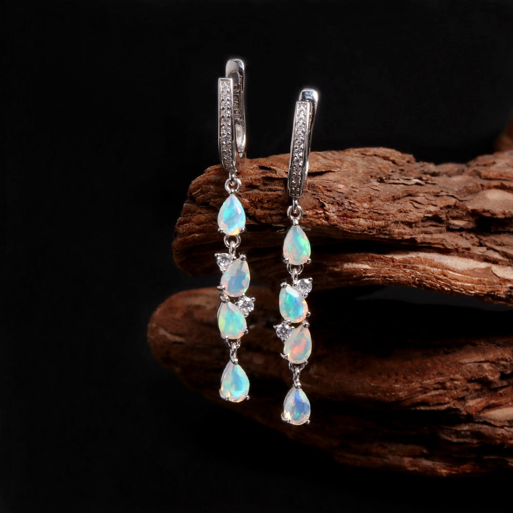 ‘Eliza’ Pear Opal Linear Drop Earrings – on driftwood