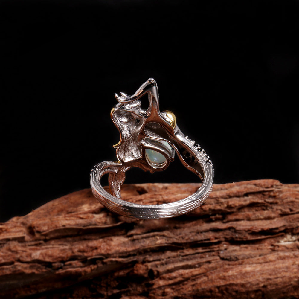 ‘Airlie’ Pear Opal Mermaid Ring – back on wood