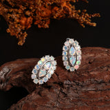 ‘Scarlet’ Pear Opal Oval Halo Earrings – on wood