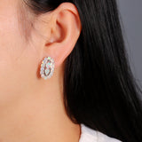 ‘Scarlet’ Pear Opal Oval Halo Earrings – on ear