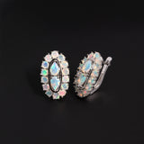 ‘Scarlet’ Pear Opal Oval Halo Earrings – three quarter view