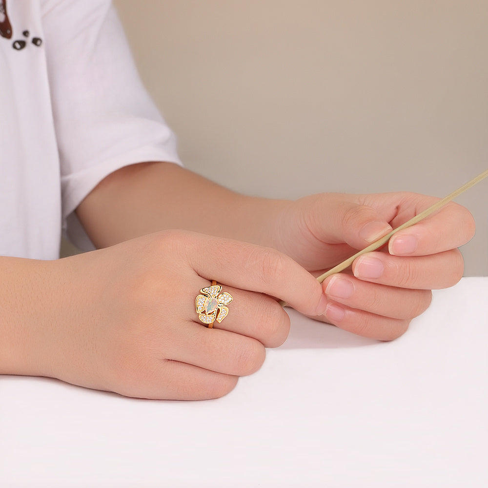 ‘Rosella’ Pear Opal Pave Flower Ring – on hand