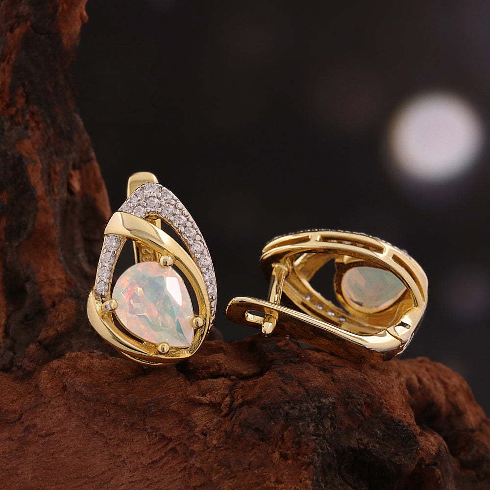 ‘Goldie’ Pear Opal Pave Teardrop Earrings – front and side