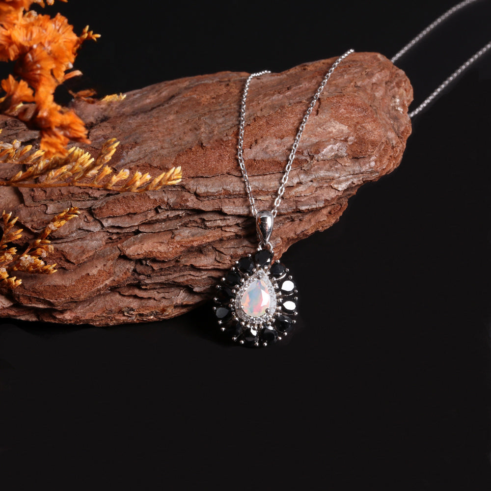 ‘Greta’ Pear Opal Spinel Halo Necklace – with driftwood