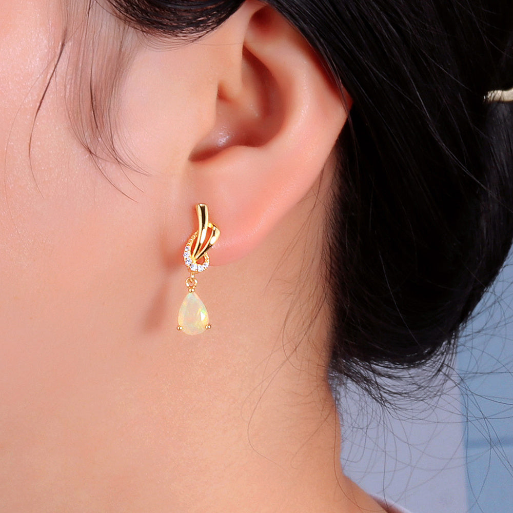 ‘Georgia’ Pear Opal Swirl Drop Earrings – on ear