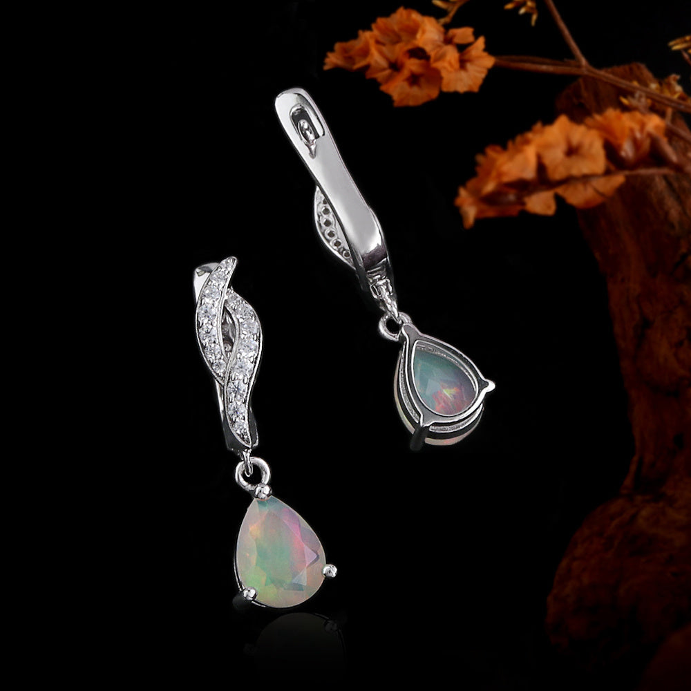 ‘Palmer’ Pear Opal Twist Drop Earrings – front and side