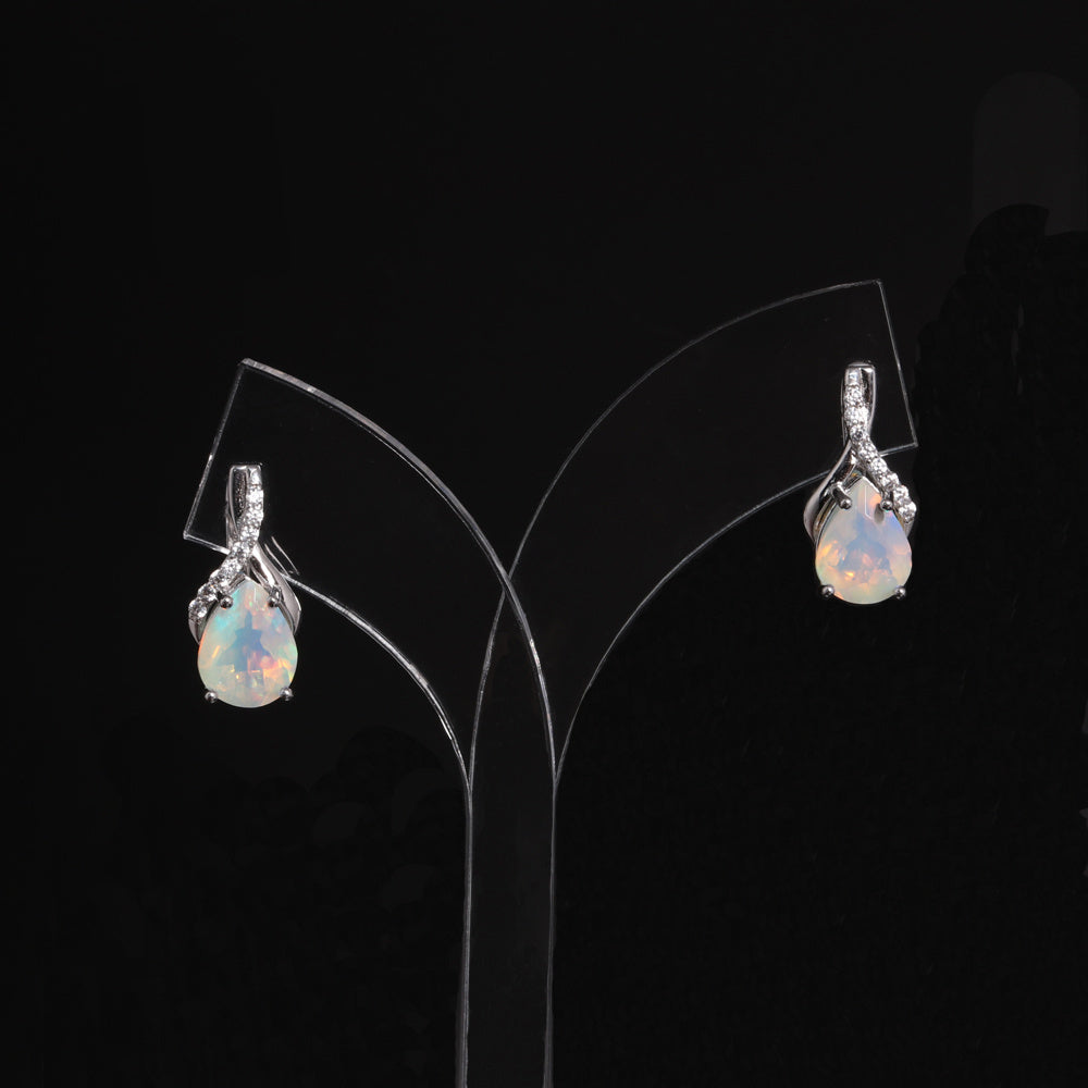 ‘Marnie’ Pear Opal Twist Leverback Earrings – on display stand