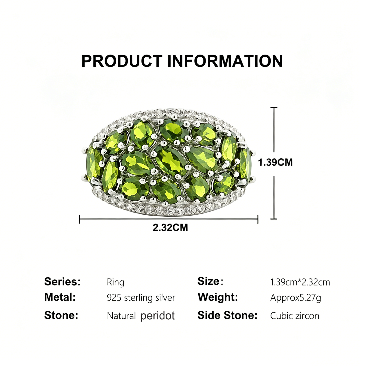 ‘Clovelly’ Peridot Cluster Dome Ring – specs dimensions
