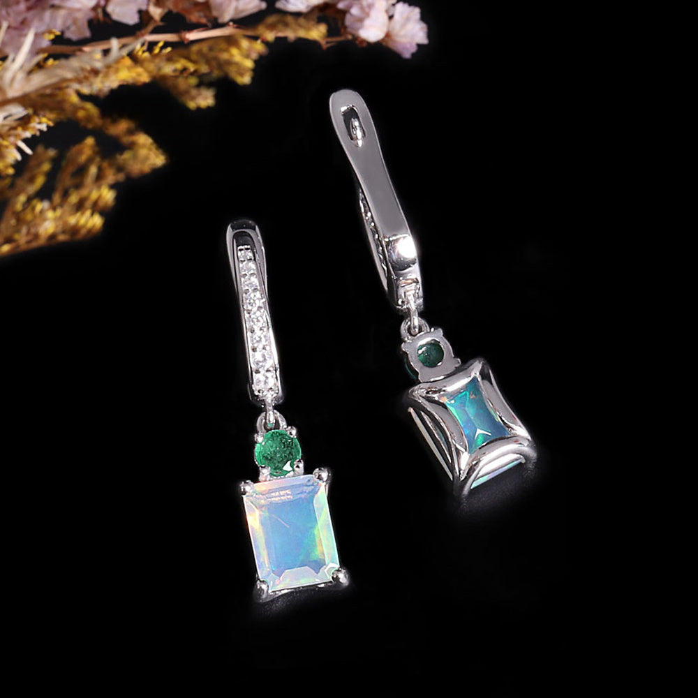 ‘Ellis’ Rectangle Opal Emerald Drop Earrings – side view