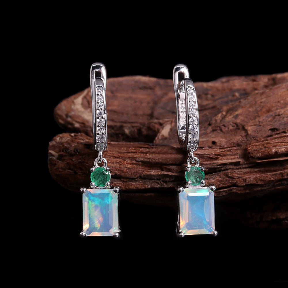 ‘Ellis’ Rectangle Opal Emerald Drop Earrings – on wood