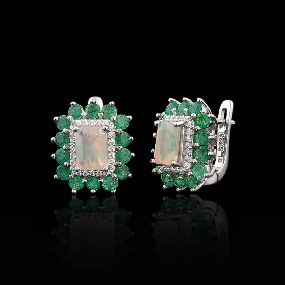 ‘Glory’ Rectangle Opal Emerald Halo Earrings