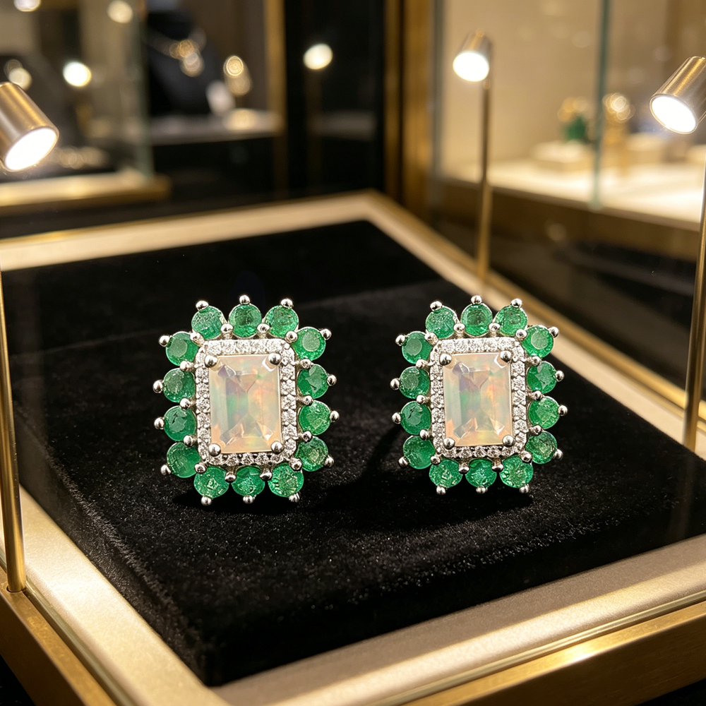 ‘Glory’ Rectangle Opal Emerald Halo Earrings – in display case