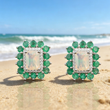 ‘Glory’ Rectangle Opal Emerald Halo Earrings – on beach