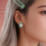‘Glory’ Rectangle Opal Emerald Halo Earrings – on ear