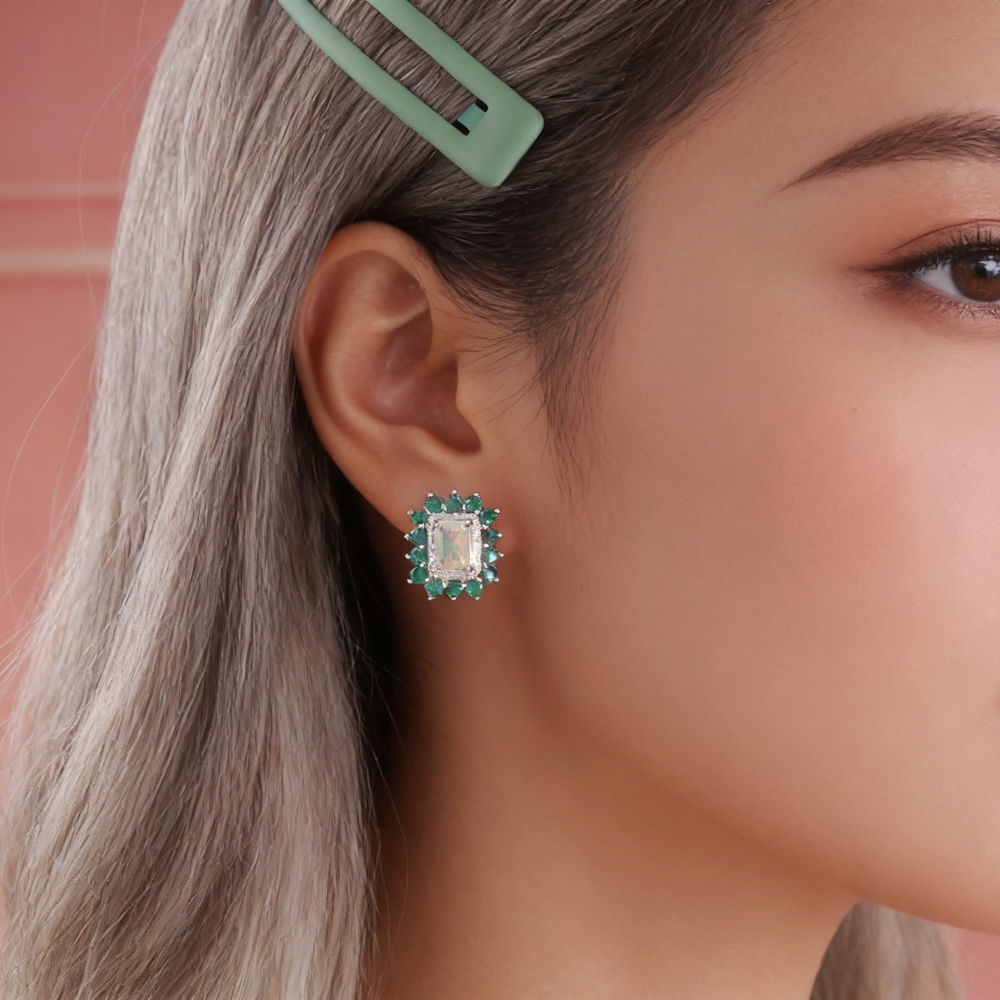 ‘Glory’ Rectangle Opal Emerald Halo Earrings – on ear
