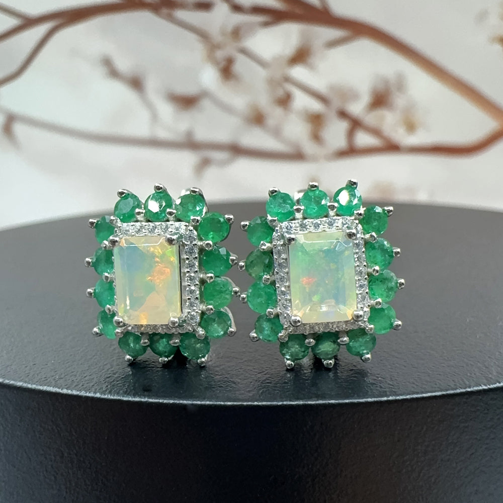 ‘Glory’ Rectangle Opal Emerald Halo Earrings – front with blossom