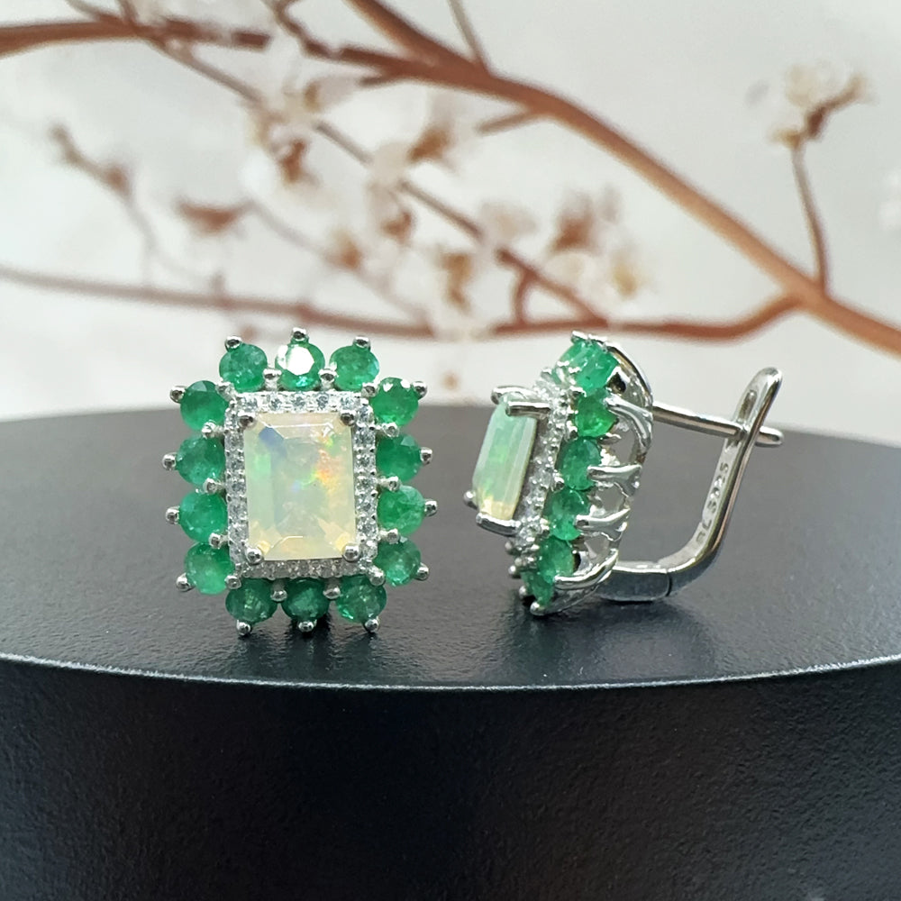 ‘Glory’ Rectangle Opal Emerald Halo Earrings – side view
