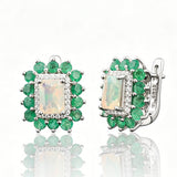 ‘Glory’ Rectangle Opal Emerald Halo Earrings – pair front