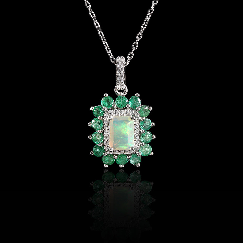 ‘Charlie’ Rectangle Opal Emerald Halo Pendant
