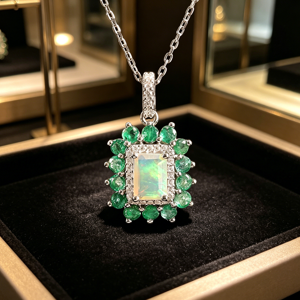 ‘Charlie’ Rectangle Opal Emerald Halo Pendant – in display box
