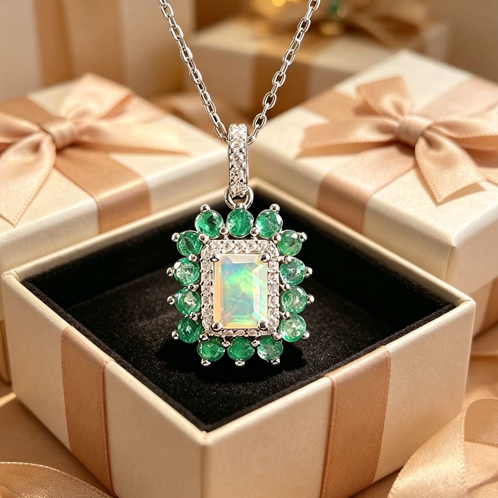 ‘Charlie’ Rectangle Opal Emerald Halo Pendant – in gift box