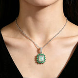 ‘Charlie’ Rectangle Opal Emerald Halo Pendant – on neck