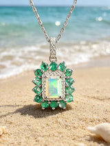 ‘Charlie’ Rectangle Opal Emerald Halo Pendant – beach scene