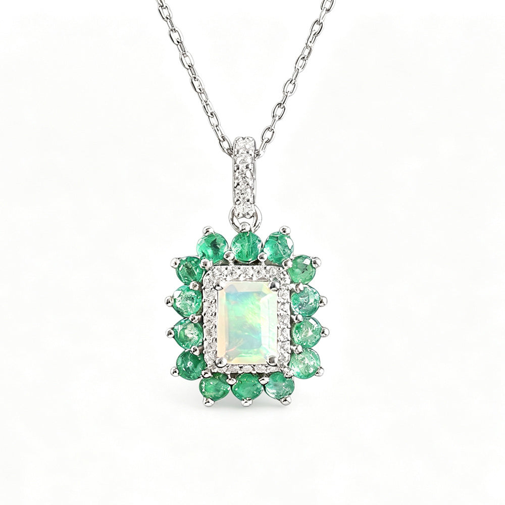 ‘Charlie’ Rectangle Opal Emerald Halo Pendant – white bg