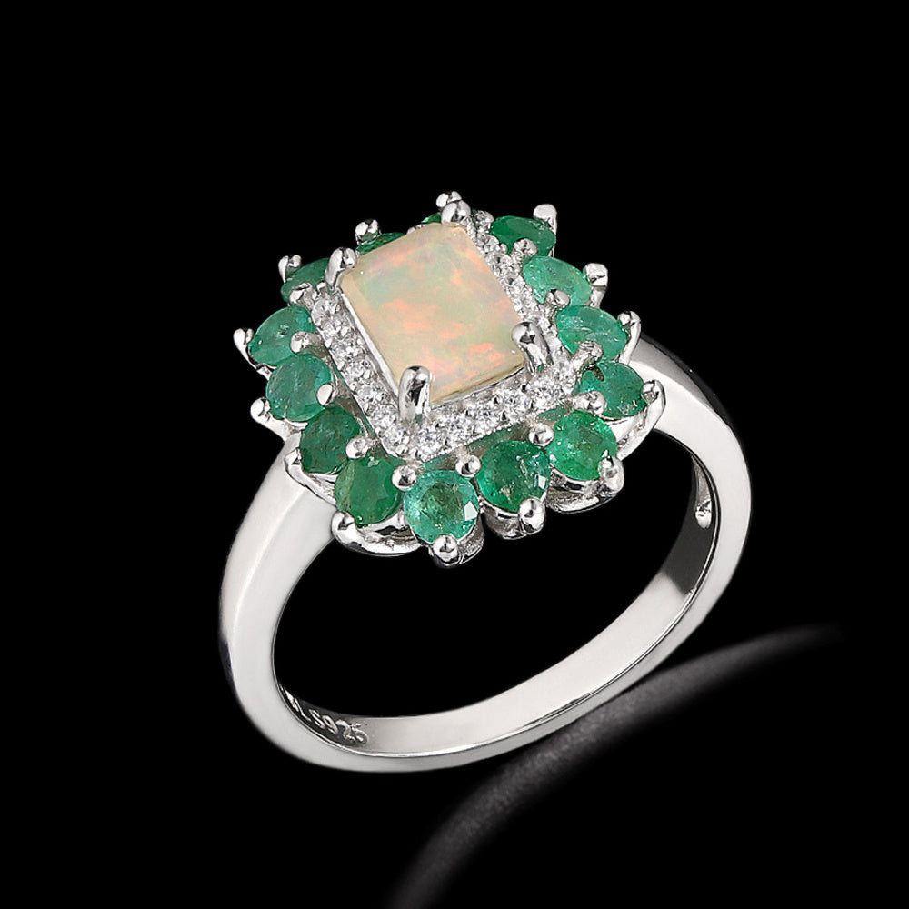 ‘Augusta’ Rectangle Opal Emerald Halo Ring