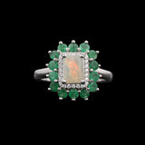 ‘Augusta’ Rectangle Opal Emerald Halo Ring – front view