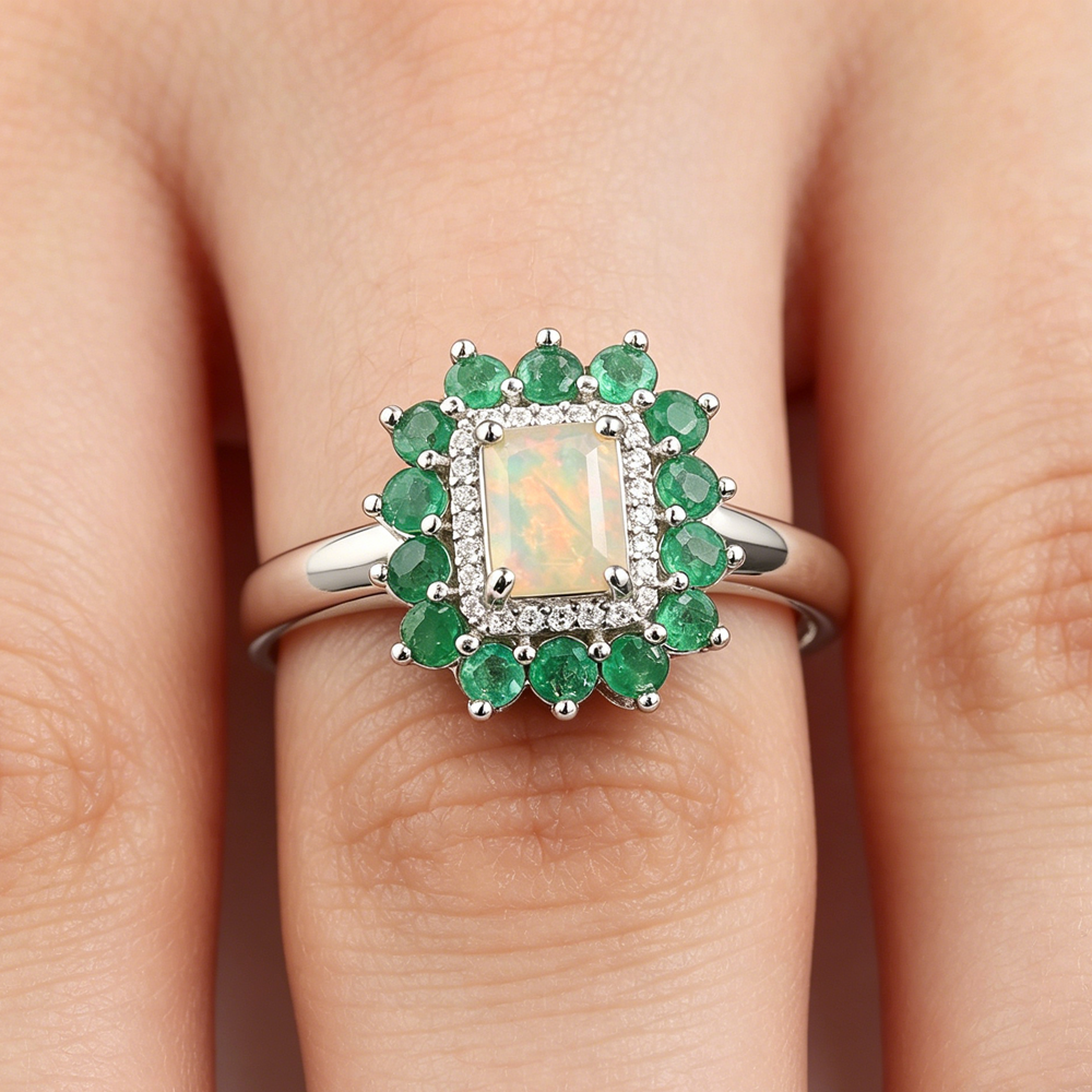 ‘Augusta’ Rectangle Opal Emerald Halo Ring – on finger