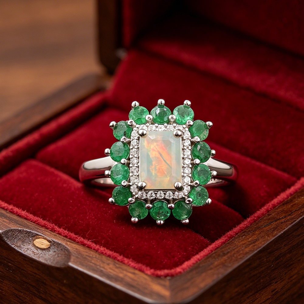 ‘Augusta’ Rectangle Opal Emerald Halo Ring – in gift box