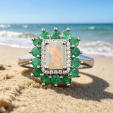 ‘Augusta’ Rectangle Opal Emerald Halo Ring – beach scene
