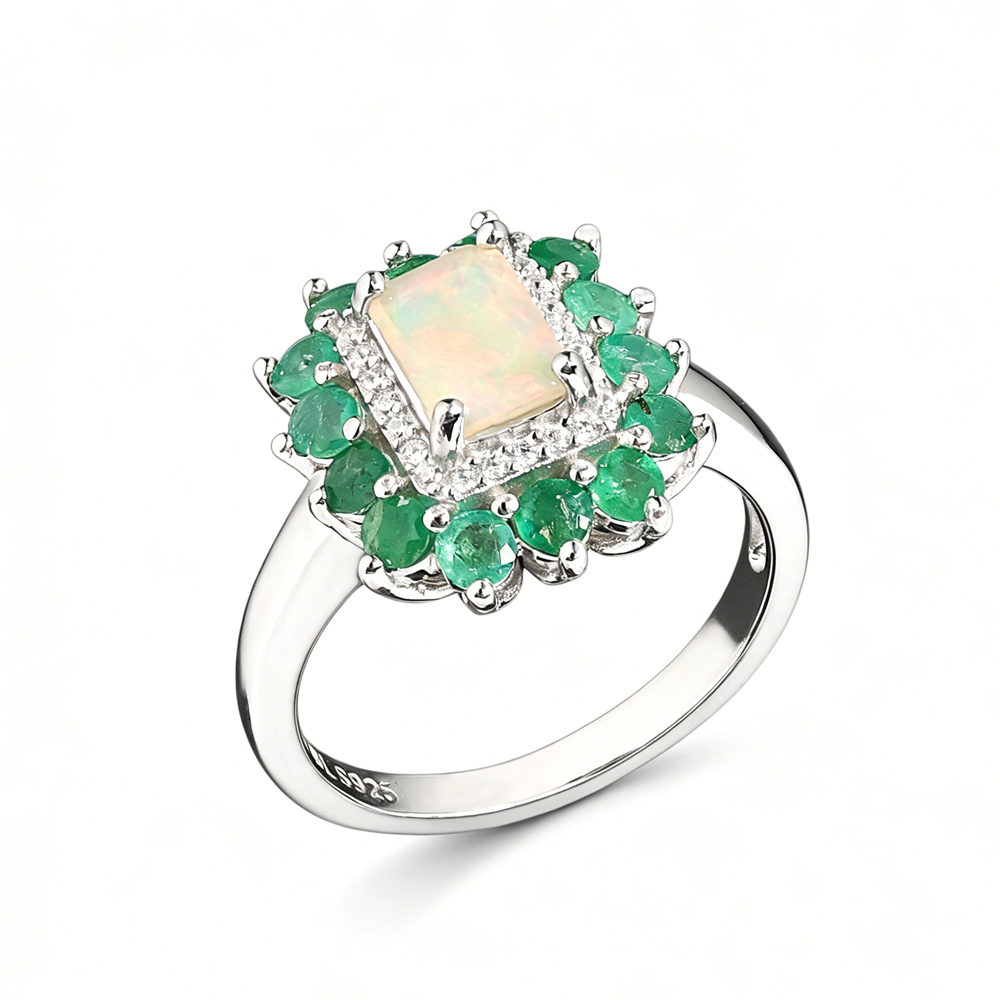 ‘Augusta’ Rectangle Opal Emerald Halo Ring – ring only