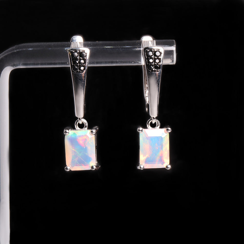 ‘Piper’ Rectangle Opal Tapered Bar Earrings – on display stand
