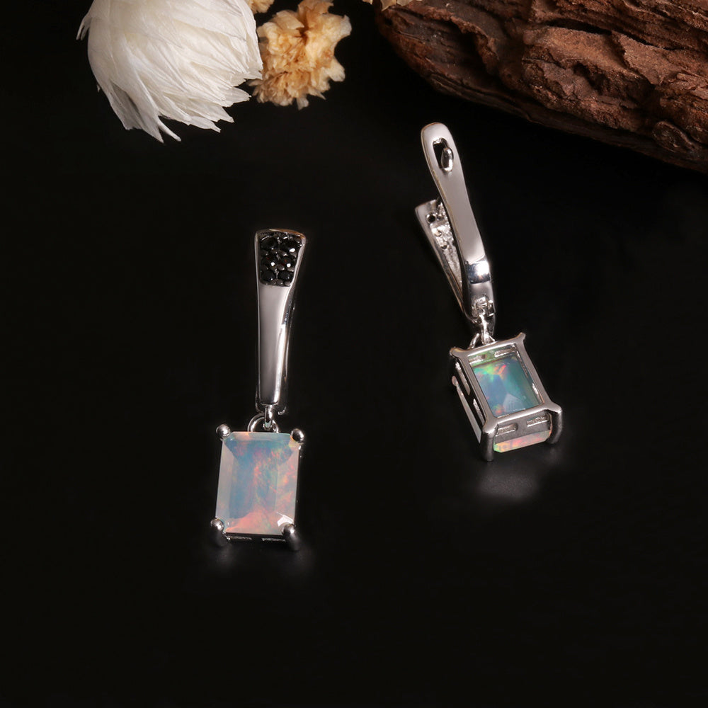 ‘Piper’ Rectangle Opal Tapered Bar Earrings – front and side