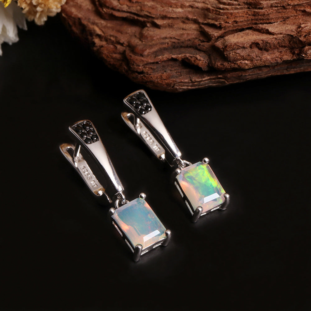 ‘Piper’ Rectangle Opal Tapered Bar Earrings – on wood angled