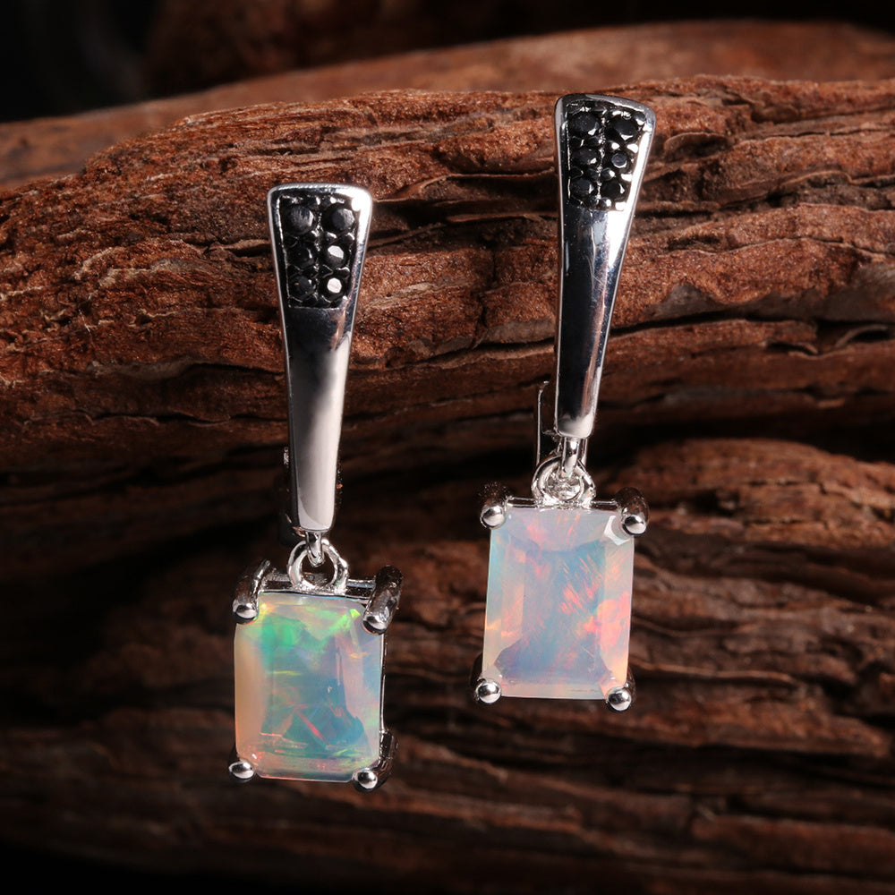 ‘Piper’ Rectangle Opal Tapered Bar Earrings – on wood front